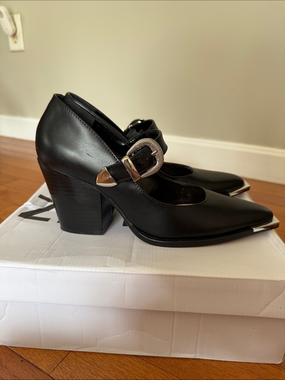 SCHUTZ Jeane Black Leather Pointed Mary Jane Pumps with Silver Buckle - Picture 3 of 6